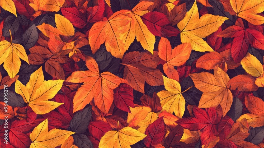 A seamless pattern of colorful autumn leaves, evoking a cozy fall atmosphere in shades of orange, yellow, and red A seamless pattern of colorful autumn leaves, evoking a cozy fall atmosphere in shades of orange, yellow, and red
