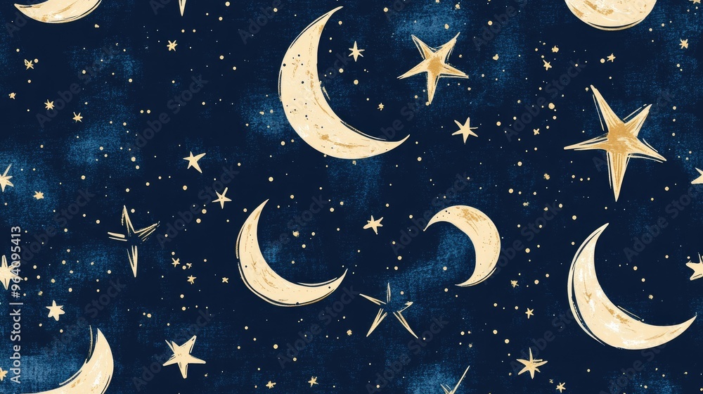 A seamless pattern of hand-drawn stars and moons on a dark blue background, evoking a dreamy night sky A seamless pattern of hand-drawn stars and moons on a dark blue background, evoking a dreamy night sky
