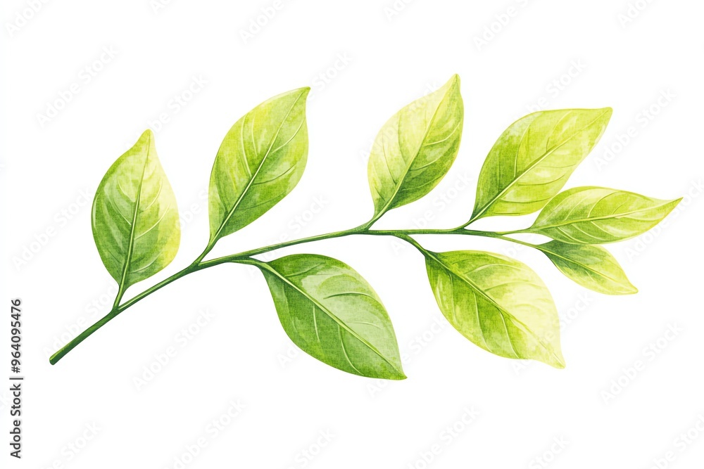 Watercolor painting of a branch with green leaves on a white background. Watercolor painting of a branch with green leaves on a white background.