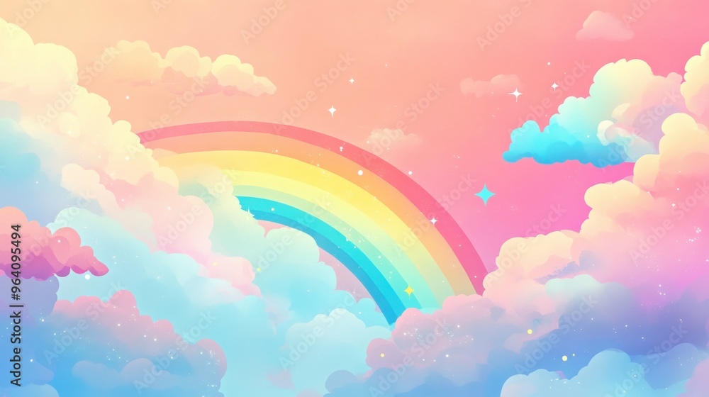 Abstract kawaii pastel sky with a soft gradient, featuring colorful rainbows and clouds, creating a playful and cheerful atmosphere. Abstract kawaii pastel sky with a soft gradient, featuring colorful rainbows and clouds, creating a playful and cheerful atmosphere.