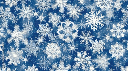 A seamless pattern of snowflakes in varying sizes, creating a wintry and festive background in white and blue tones