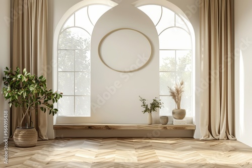  Minimalist Beige Room Interior with Arched Windows  Beige Curtains  Parquet Floor  and Wooden Shelf with Mirror