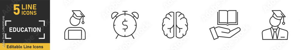 Education line icon set. Set of 5 outline icons related to education, success, academic subjects and more. Vector illustration. Education line icon set. Set of 5 outline icons related to education, success, academic subjects and more. Vector illustration.