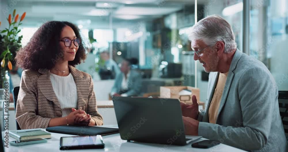 Laptop, business people or meeting in office for talk, performance review or discussion. Boss, employee or tech at table for employment report, contract renewal or end of probation period in company Laptop, business people or meeting in office for talk, performance review or discussion. Boss, employee or tech at table for employment report, contract renewal or end of probation period in company