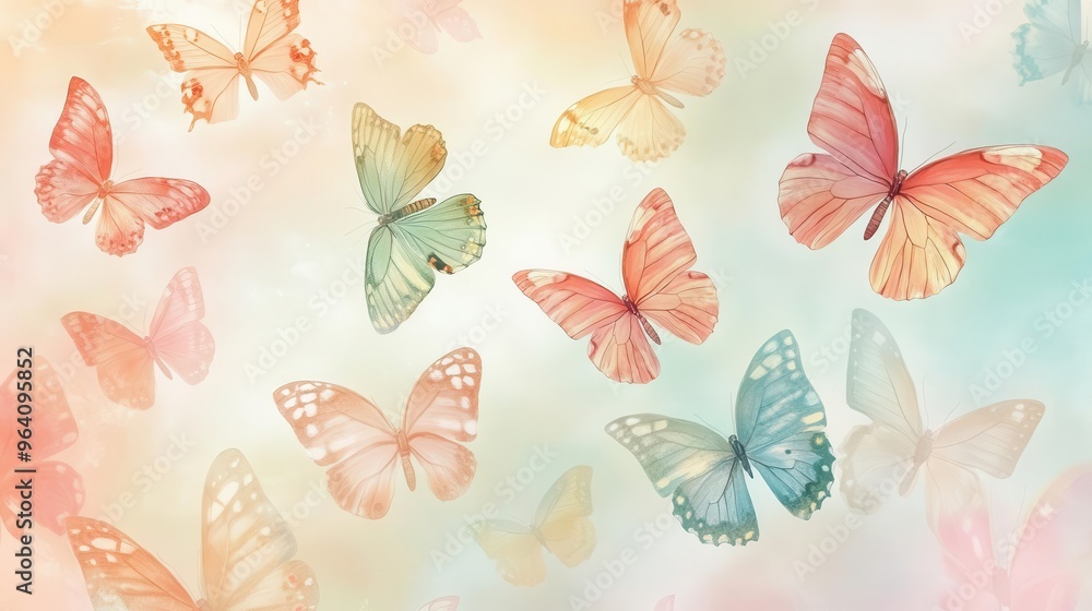 Fototapeta A butterfly wallpaper showing colorful butterflies over a colorful pastel background