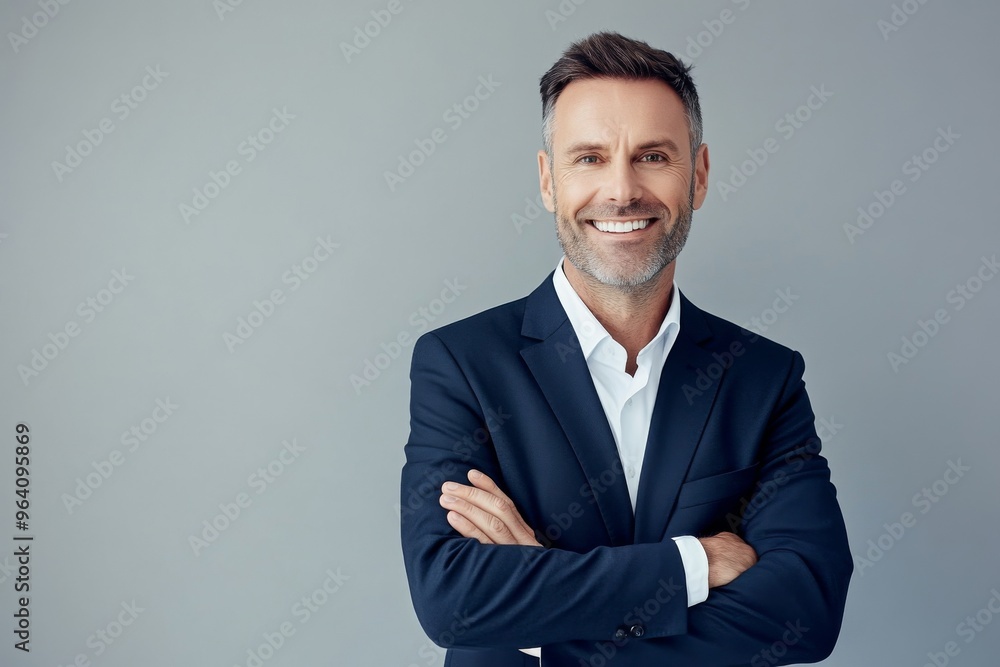Smiling man in a navy suit with arms crossed against a light grey background, professional studio portrait with soft lighting and sharp focus. Smiling man in a navy suit with arms crossed against a light grey background, professional studio portrait with soft lighting and sharp focus.