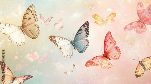 A butterfly wallpaper showing colorful butterflies over a colorful pastel background