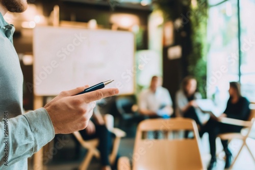 Close-up of an office worker presenting to a team, holding a whiteboard pen and pointing while speaking. Modern, minimalistic interior with natural light, shallow depth of field, and bokeh effect.