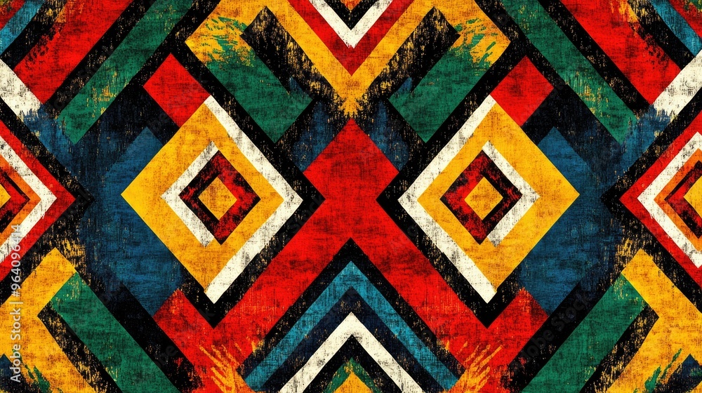 Fototapeta premium A South African fabric pattern with bold zigzag and diamond designs in bright colors, reflecting the dynamic energy of Zulu cultural art