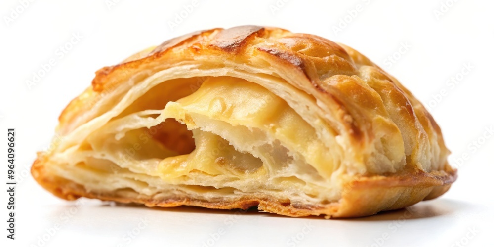 Close-up of a puff pastry dumpling with a bite mark, isolated on a white background Close-up of a puff pastry dumpling with a bite mark, isolated on a white background