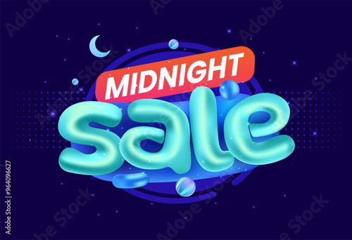 Midnight Sale vector for promotion advertising poster. 3D effect with Blue Sky moon and stars background