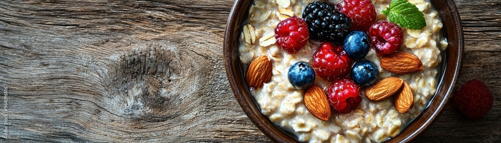 Healthy oatmeal bowl topped with fresh berries and almonds on a rustic wooden surface. Healthy oatmeal bowl topped with fresh berries and almonds on a rustic wooden surface.