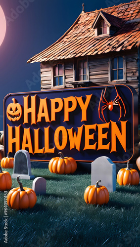 Ilustration of Happy Halloween with a graveyard, pumpkins and spider in the foreground against a dark blue sky