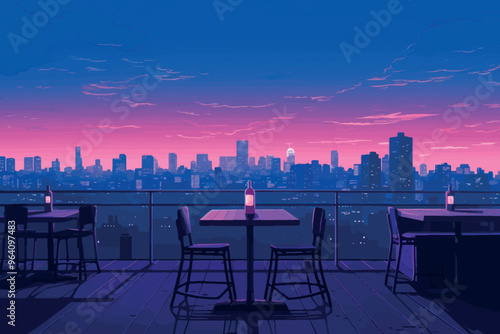 Rooftop cityscape at sunset