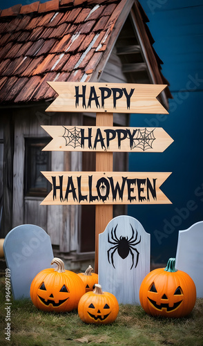 Ilustration of Happy Halloween with a graveyard, pumpkins and spider in the foreground against a dark blue sky