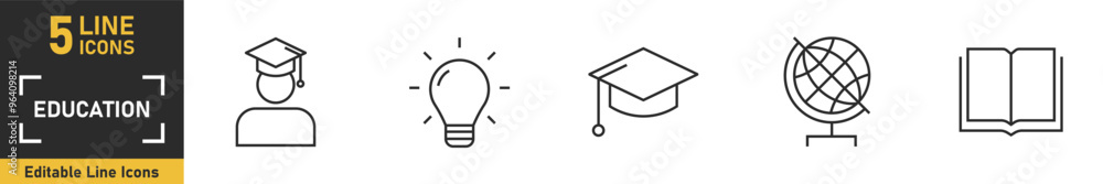 Education line icon set. Set of 5 outline icons related to education, success, academic subjects and more. Vector illustration. Education line icon set. Set of 5 outline icons related to education, success, academic subjects and more. Vector illustration.