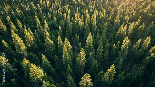 Aerial view of a dense forest with tall pine trees.