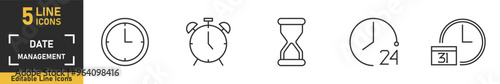 Date Management line icon set. Set of 5 outline icons related to time, schedule, stopwatch, countdown, calendar, planning, and more. Vector illustration.