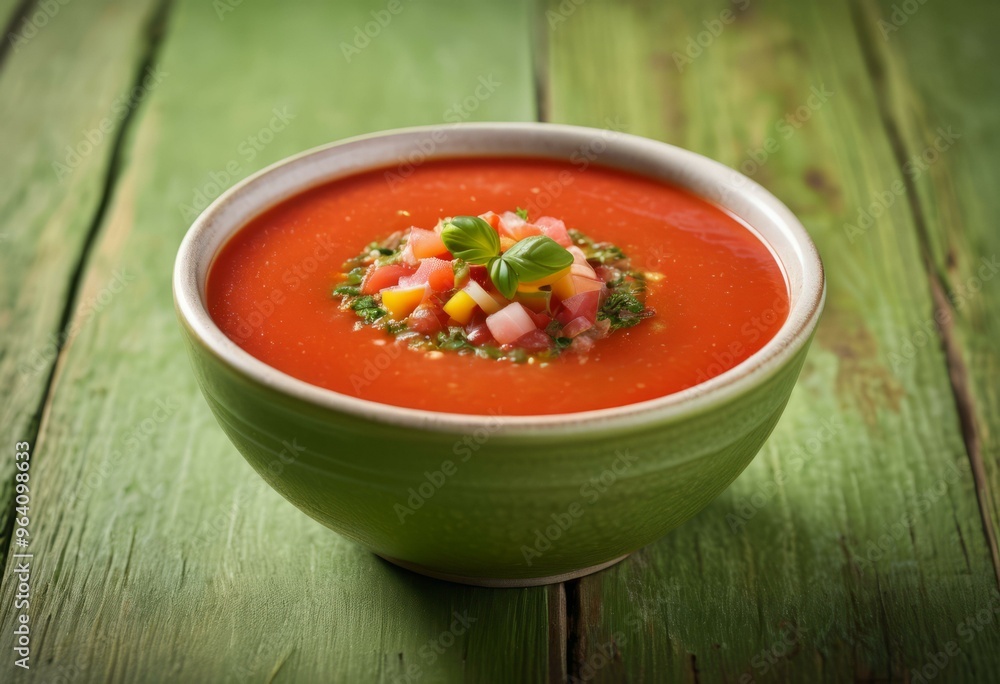 Red Tomato Soup with Vegetables and Basil on Rustic Green Wooden Background Red Tomato Soup with Vegetables and Basil on Rustic Green Wooden Background