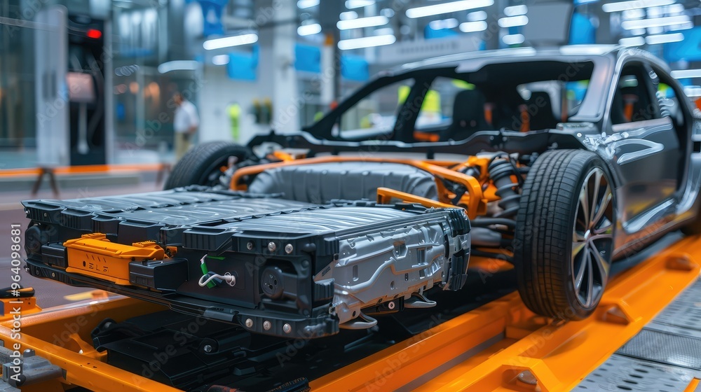 Electric Vehicle Assembly in Modern Factory Electric Vehicle Assembly in Modern Factory