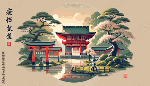 Temple precincts and gardens drenched in rain also enhance the unique beauty of Kyoto in autumn. Vector illustration.