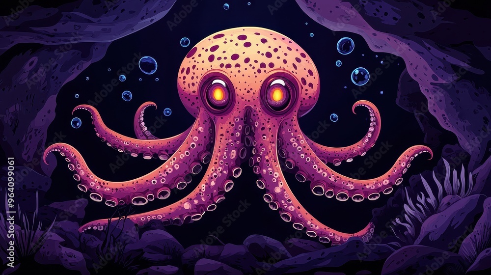 Glowing-Eyed Octopus in Underwater Cave with Bubbles in Dark Ocean Glowing-Eyed Octopus in Underwater Cave with Bubbles in Dark Ocean