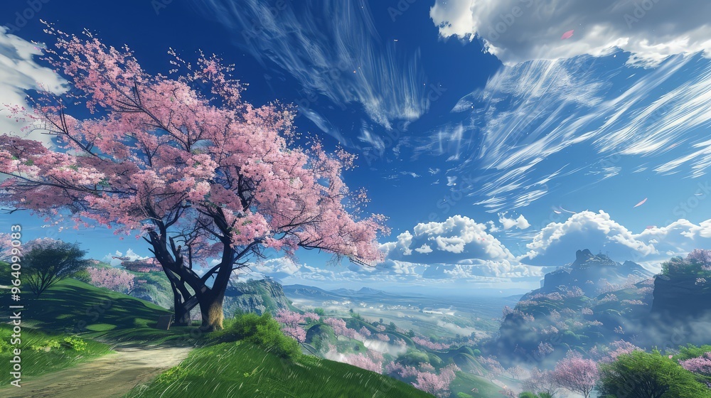 A stunning landscape under a clear blue sky with dynamic clouds, featuring a majestic Sakura tree in full bloom. A stunning landscape under a clear blue sky with dynamic clouds, featuring a majestic Sakura tree in full bloom.