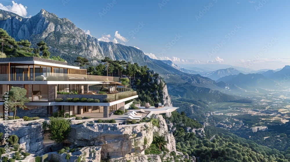 Obraz premium A stunning new luxury house situated on a mountain peak, with large terraces and unparalleled views of the valley below.
