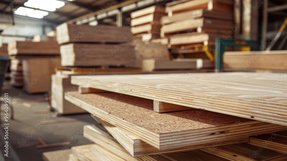 Fototapeta premium Stacked Wood Planks in Warehouse