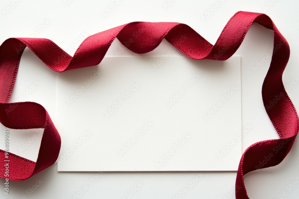 Elegant red ribbon bordering blank white card for custom messages Elegant red ribbon bordering blank white card for custom messages