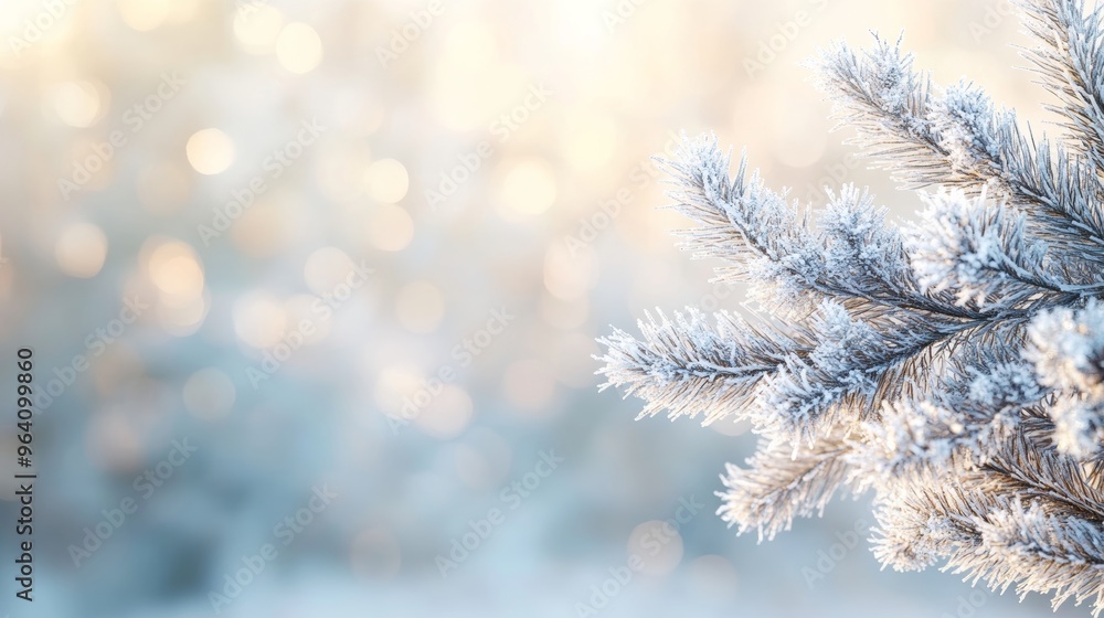 A realistic render of a frosted pine branch with clusters of snowflakes, set against a blurred, winter sky A realistic render of a frosted pine branch with clusters of snowflakes, set against a blurred, winter sky