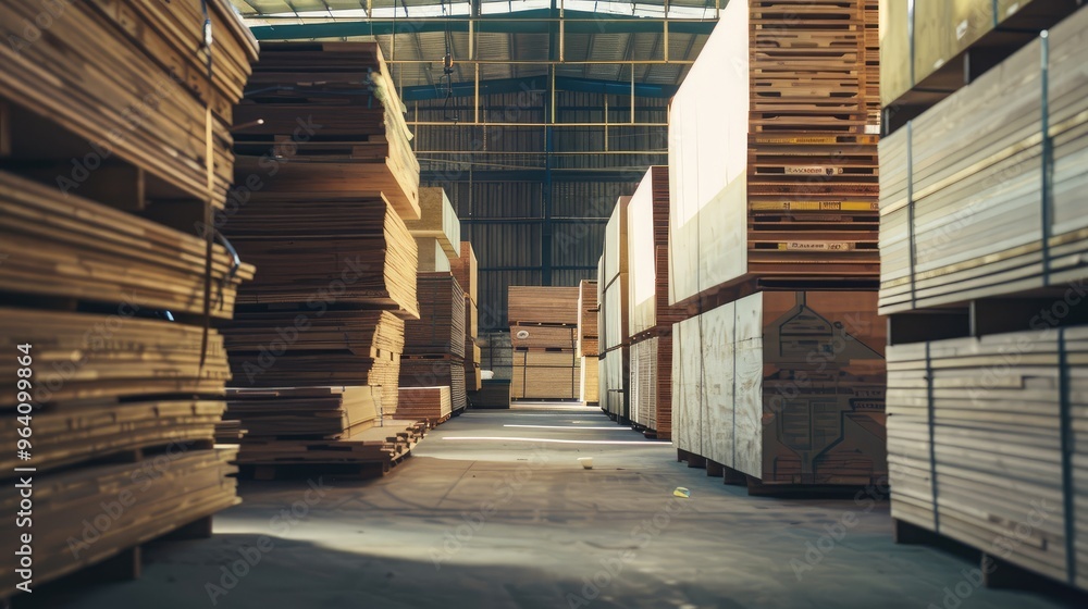 Lumber Stacked in Industrial Warehouse Lumber Stacked in Industrial Warehouse