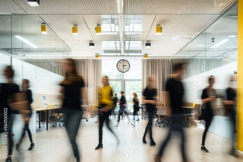 Blurry group walking in an office with high ceilings, glass walls, and wooden floors, featuring black attire with yellow accents, natural light, and muted colors.