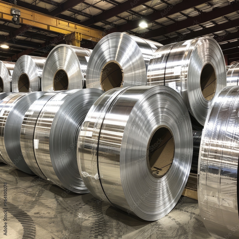 Large Metal Rolls in Industrial Warehouse Large Metal Rolls in Industrial Warehouse