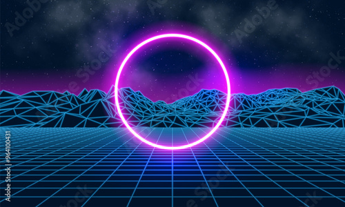 Synthwave futuristic landscape. 80s retro neon concept. Vector illustration.