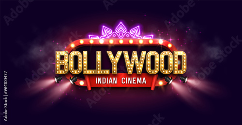 Bollywood indian cinema. Movie banner or poster with retro billboard. Vector illustration.