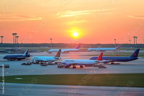 Wallpaper Mural Colorful airplanes parked on the tarmac at sunset, with vehicles for flight operations or luggage transport in the foreground. Beautiful airport scene with an empty field and sunset background. Torontodigital.ca