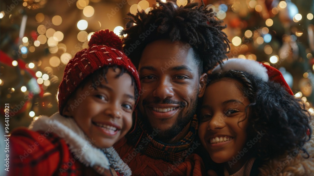 Happy family of three celebrating Christmas with festive lights in the background. Happy family of three celebrating Christmas with festive lights in the background.