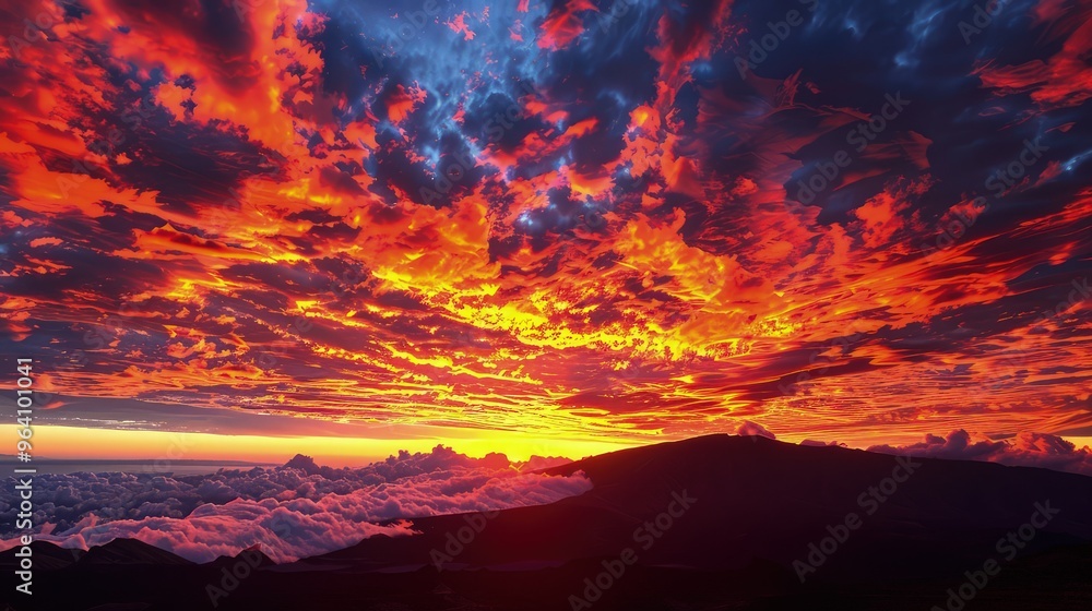 A sunset view with fiery red and orange clouds contrasting dramatically against the dark silhouette of a black mountain range. A sunset view with fiery red and orange clouds contrasting dramatically against the dark silhouette of a black mountain range.
