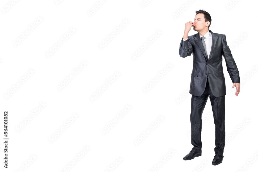 Male manager delighting delicious food taste. White background. Male manager delighting delicious food taste. White background.