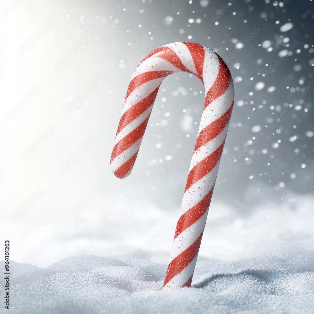 Fototapeta premium A realistic render of a red and white striped candy cane with a glossy finish, set against a snowy backdrop