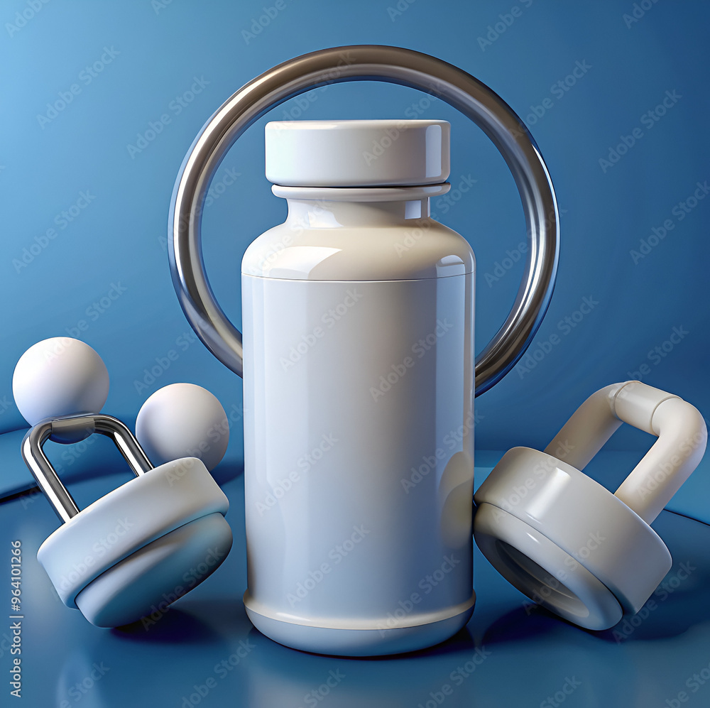 Realistic 3D Render of a Blank White Bottle for Sports Supplements, Standing on a Gym-Themed Background with Dumbbells and Resistance Bands Realistic 3D Render of a Blank White Bottle for Sports Supplements, Standing on a Gym-Themed Background with Dumbbells and Resistance Bands