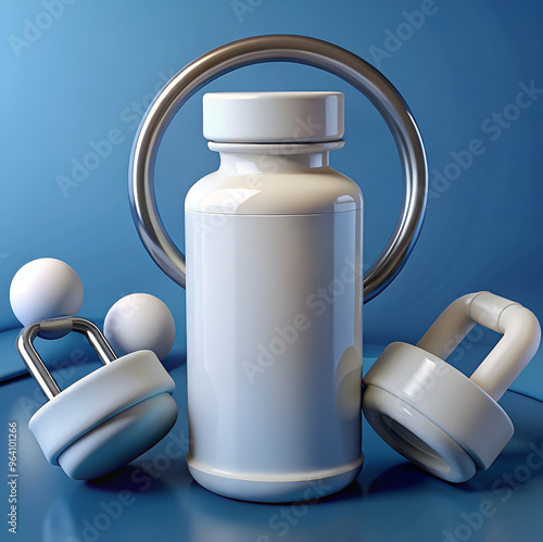 Realistic 3D Render of a Blank White Bottle for Sports Supplements, Standing on a Gym-Themed Background with Dumbbells and Resistance Bands