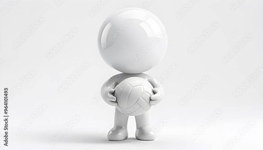 A 3D rendering of a cartoonish white glossy humanoid character holding a volleyball, positioned in a minimalist environment, showcasing simplicity and modern design.