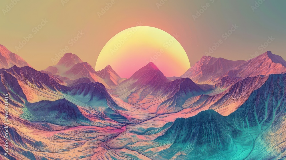 A surreal landscape on an alien world, where the mountains seem to defy gravity under a giant, glowing sun. The terrain is a blend of vivid colors and strange, organic shapes. A surreal landscape on an alien world, where the mountains seem to defy gravity under a giant, glowing sun. The terrain is a blend of vivid colors and strange, organic shapes.