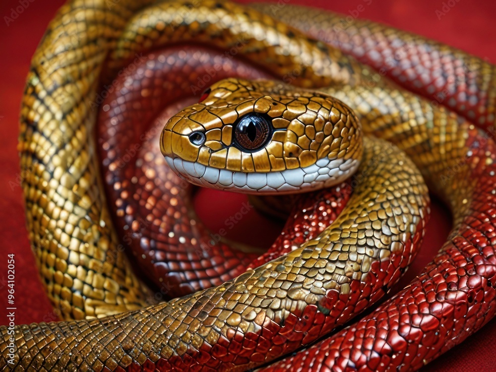 Fototapeta premium Exquisite golden and red snake sculpture coiled on a textured surface