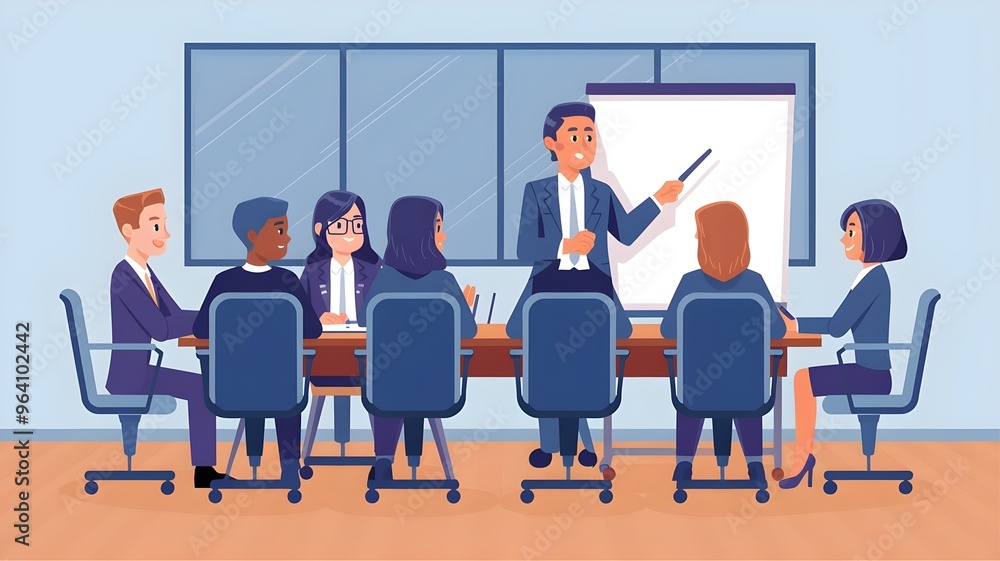 A business meeting with engaged professionals discussing strategies around a conference table. A business meeting with engaged professionals discussing strategies around a conference table.
