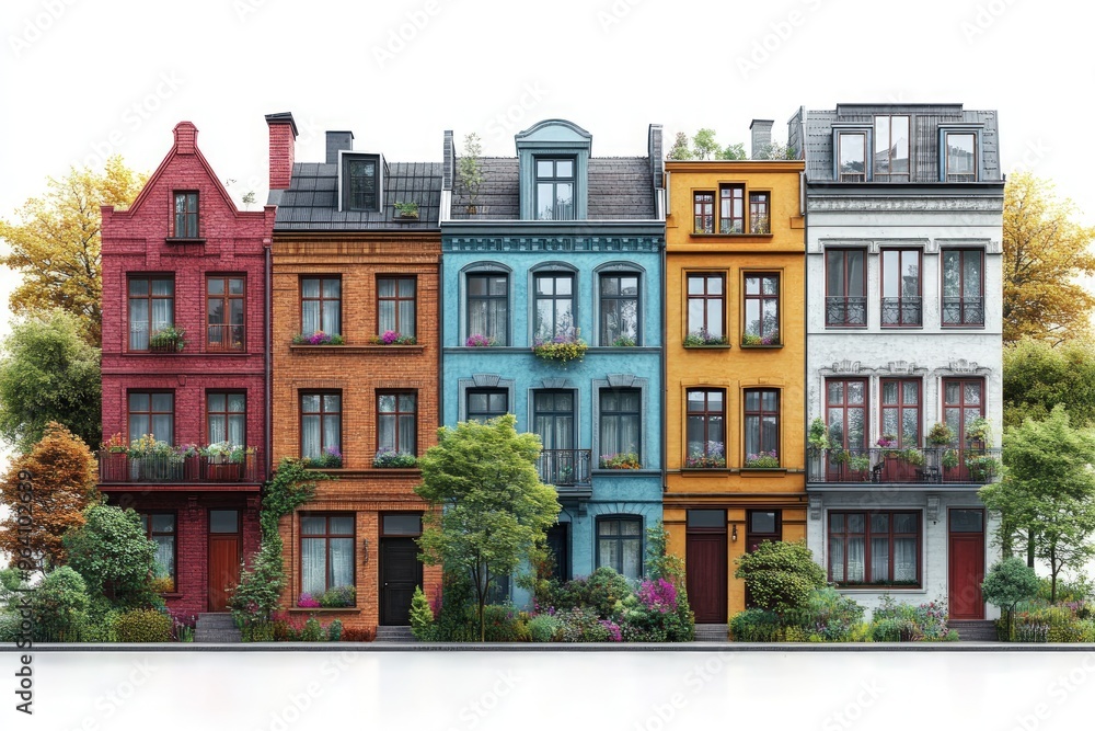 Fototapeta premium Row of colorful houses with green trees and plants in front.