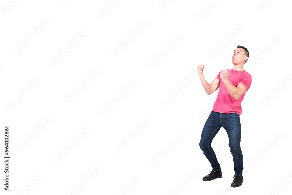 Male winner clenching fists and celebrating success Male winner clenching fists and celebrating success
