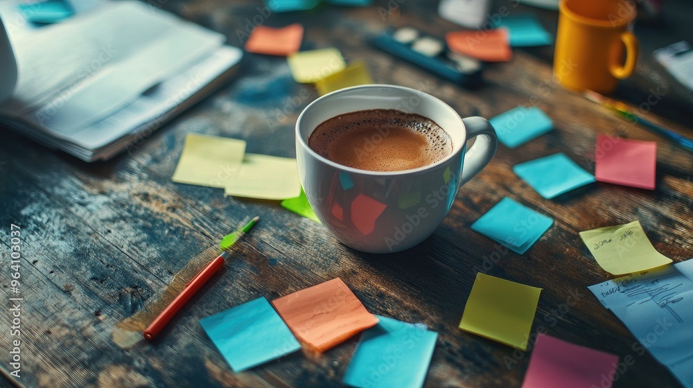 A cup of coffee on a table with scattered sticky notes and a highlighter, representing brainstorming. No logo, no people. A cup of coffee on a table with scattered sticky notes and a highlighter, representing brainstorming. No logo, no people.